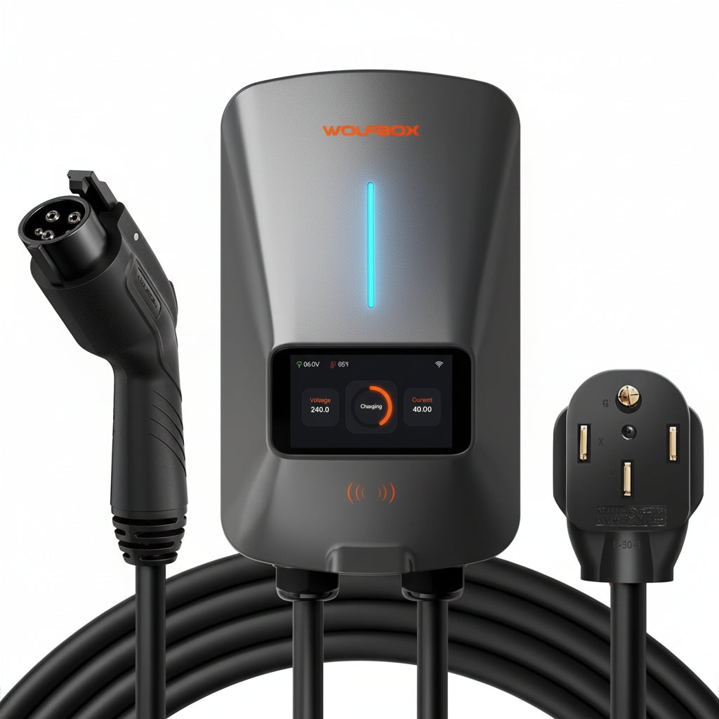 WOLFBOX Level 2 EV Charger 40A – Smart WiFi Charging Station with RFID & 25ft Cable (240V, NEMA 14-50) with Smart Display