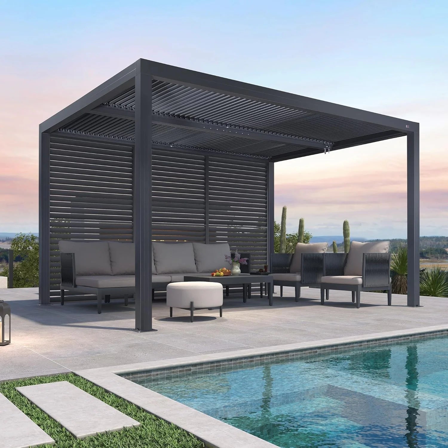 Gray Louvered Pergola Outdoor Aluminum Pergola with Adjustable Roof for Patio Gray Hardtop Gazebo