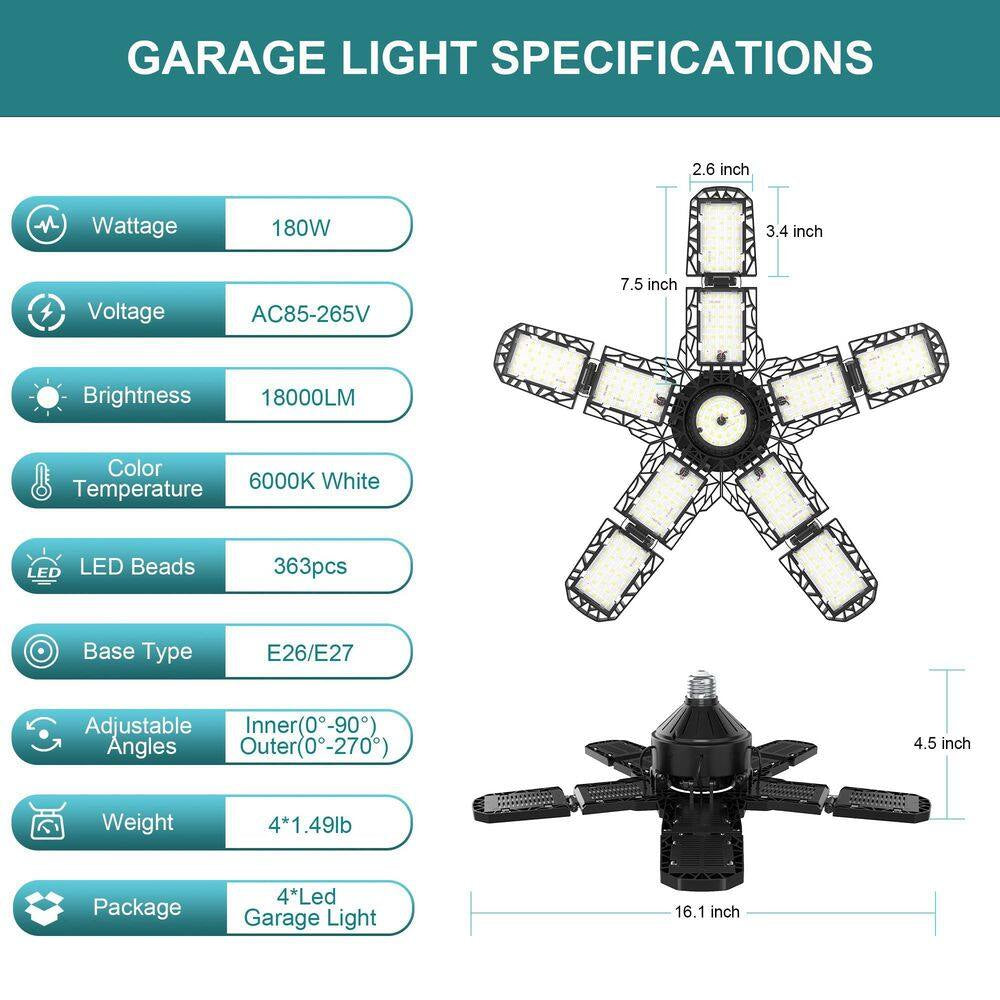 180W LED Garage Hanging Work Light 18000 Lumen Adjustable Ceiling Fixture, E26/E27,120 Volt, 4.5 In., Tool Only, 4-Pack