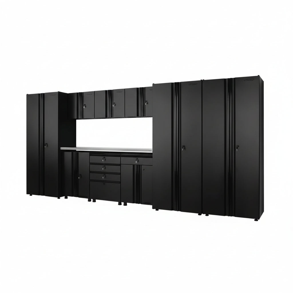 10-Piece Welded Steel Garage Storage System – 163.5” Modular Cabinet Set with Stainless Steel Worktop (Black)