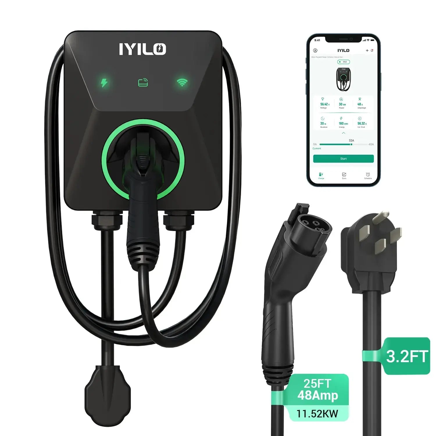 IYILO Level 2 EV Charger (40A Plug-In / 48A Hardwired) – Smart Fast Charging with App Control & Load Balancing
