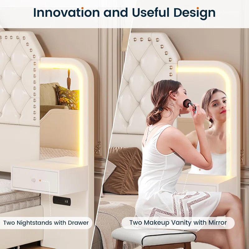 Karlton Bed with 4 Storage Drawers，Led Tall Platform Bed Frame