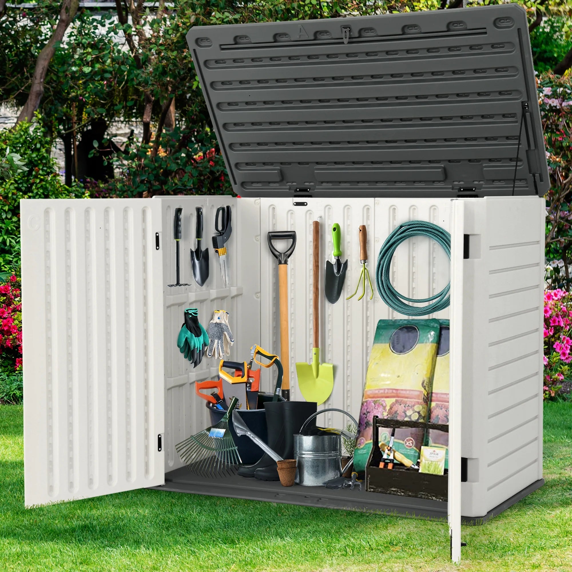 35 Cu Ft Outdoor Horizontal Storage Sheds, Weather Resistant Resin Tool Shed, Multi-Opening Door for Easy Storage of Bike, Trash Cans, Garden Tools, Lawn Mowers, Waterproof, Lockable
