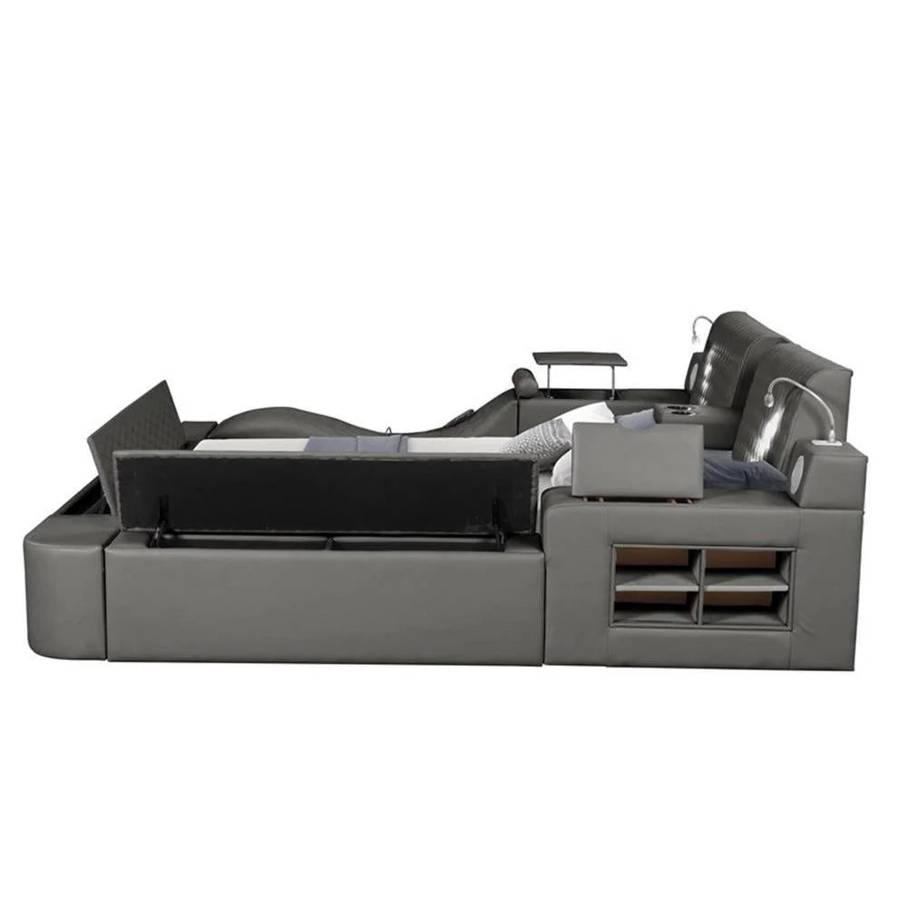 Smart Multifunctional Queen Size Bed Made with Wood in Gray