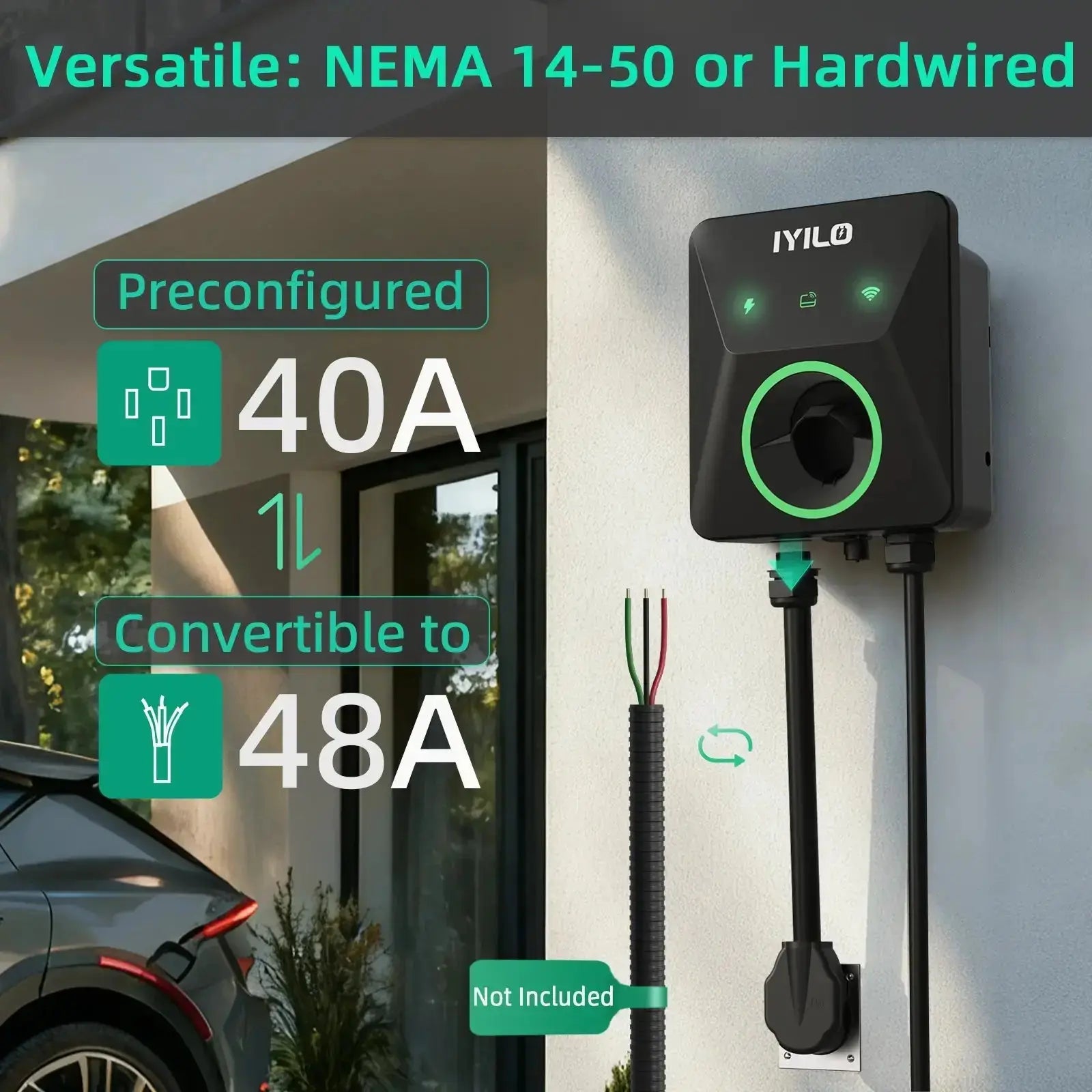 IYILO Level 2 EV Charger (40A Plug-In / 48A Hardwired) – Smart Fast Charging with App Control & Load Balancing