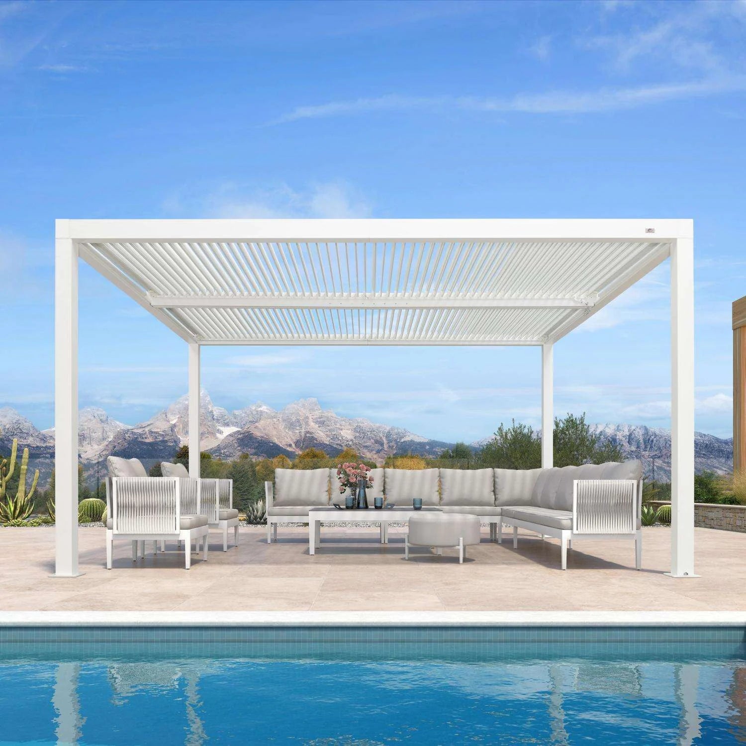Louvered Pergola Modern White Pergola with Adjustable Roof for Deck Backyard Garden