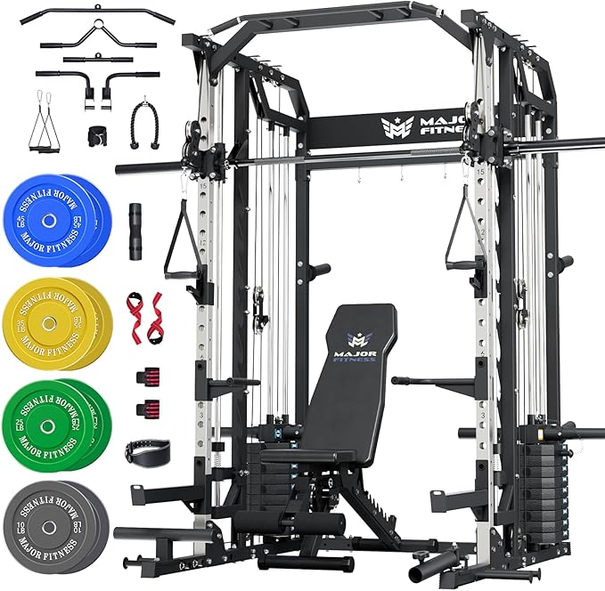 Major Fitness Drone2 Advanced Training Smith Machines– All-in-One Home Gym Squat Rack with Aluminum Pulley Set, Weight Bar, Dual LAT Pull-Down Systems & Cable Crossover Machine for Full-Body Workouts