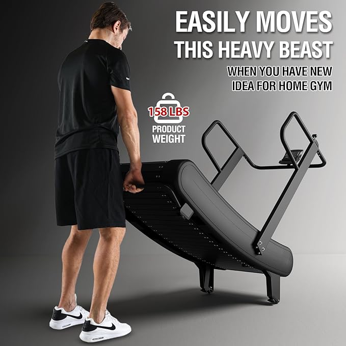 Mikolo Curved Treadmill with 8 Resistance Levels – Non-Motorized HIIT Treadmill for Home & Commercial Gyms - LCD Digital Monitor, Shock Absorption, Multi-Grip Adjustable Handrails, Non-Slip Belt
