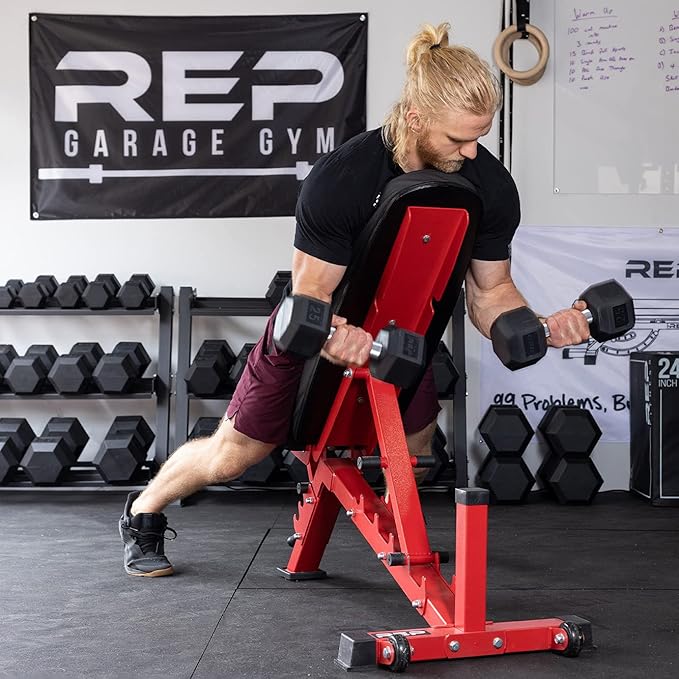 REP Fitness Rubber Hex Dumbbell Set with 3-Tier Rack for Home & Garage Gyms