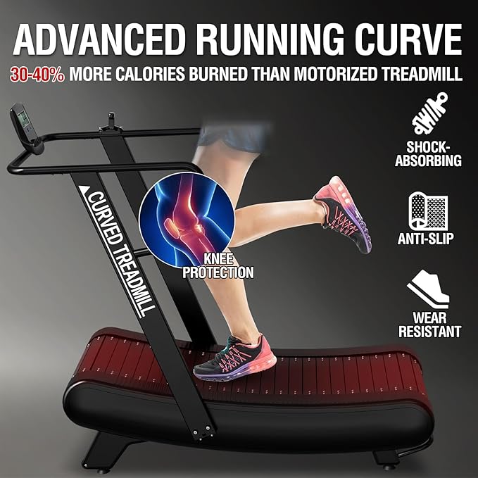 Mikolo Curved Treadmill with 8 Resistance Levels – Non-Motorized HIIT Treadmill for Home & Commercial Gyms - LCD Digital Monitor, Shock Absorption, Multi-Grip Adjustable Handrails, Non-Slip Belt
