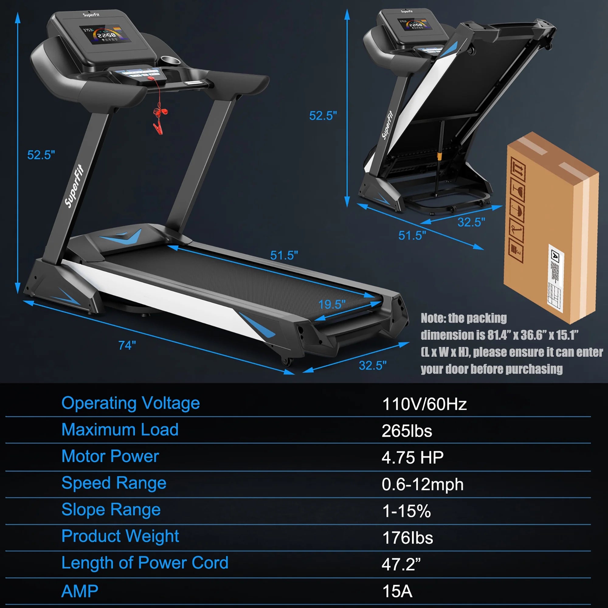 Superfit 4.75HP Electric Folding Treadmill W/APP Auto Incline Preset Programs Speakers