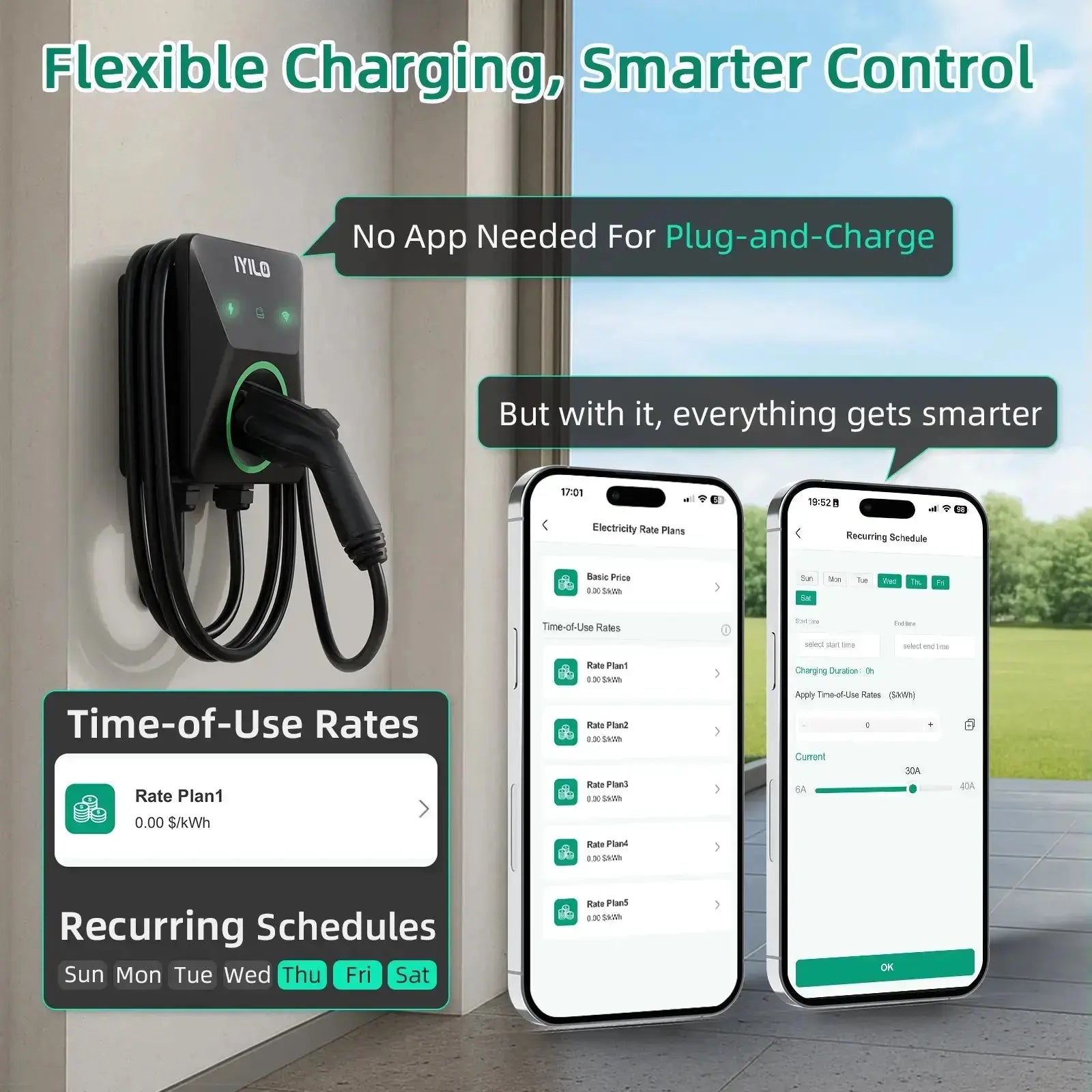 IYILO Level 2 EV Charger (40A Plug-In / 48A Hardwired) – Smart Fast Charging with App Control & Load Balancing