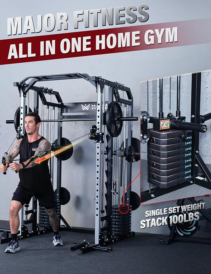 Major Fitness Drone2 Advanced Training Smith Machines– All-in-One Home Gym Squat Rack with Aluminum Pulley Set, Weight Bar, Dual LAT Pull-Down Systems & Cable Crossover Machine for Full-Body Workouts