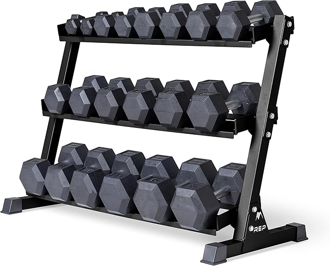 REP Fitness Rubber Hex Dumbbell Set with 3-Tier Rack for Home & Garage Gyms