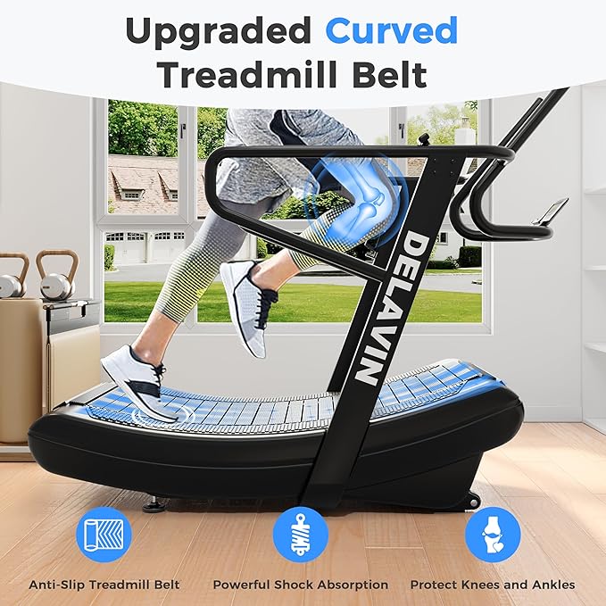 DELAVIN Curved Manual Treadmill with 4 Resistance Levels – Self-Powered Air Runner for Home & Commercial Gyms