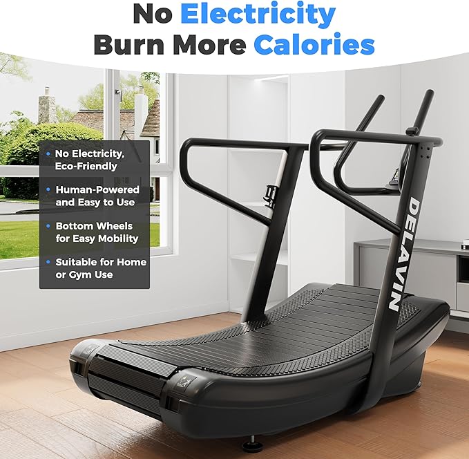 DELAVIN Curved Manual Treadmill with 4 Resistance Levels – Self-Powered Air Runner for Home & Commercial Gyms