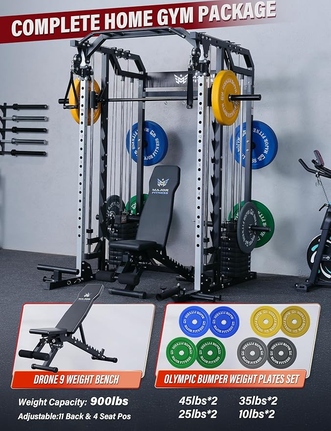 Major Fitness Drone2 Advanced Training Smith Machines– All-in-One Home Gym Squat Rack with Aluminum Pulley Set, Weight Bar, Dual LAT Pull-Down Systems & Cable Crossover Machine for Full-Body Workouts