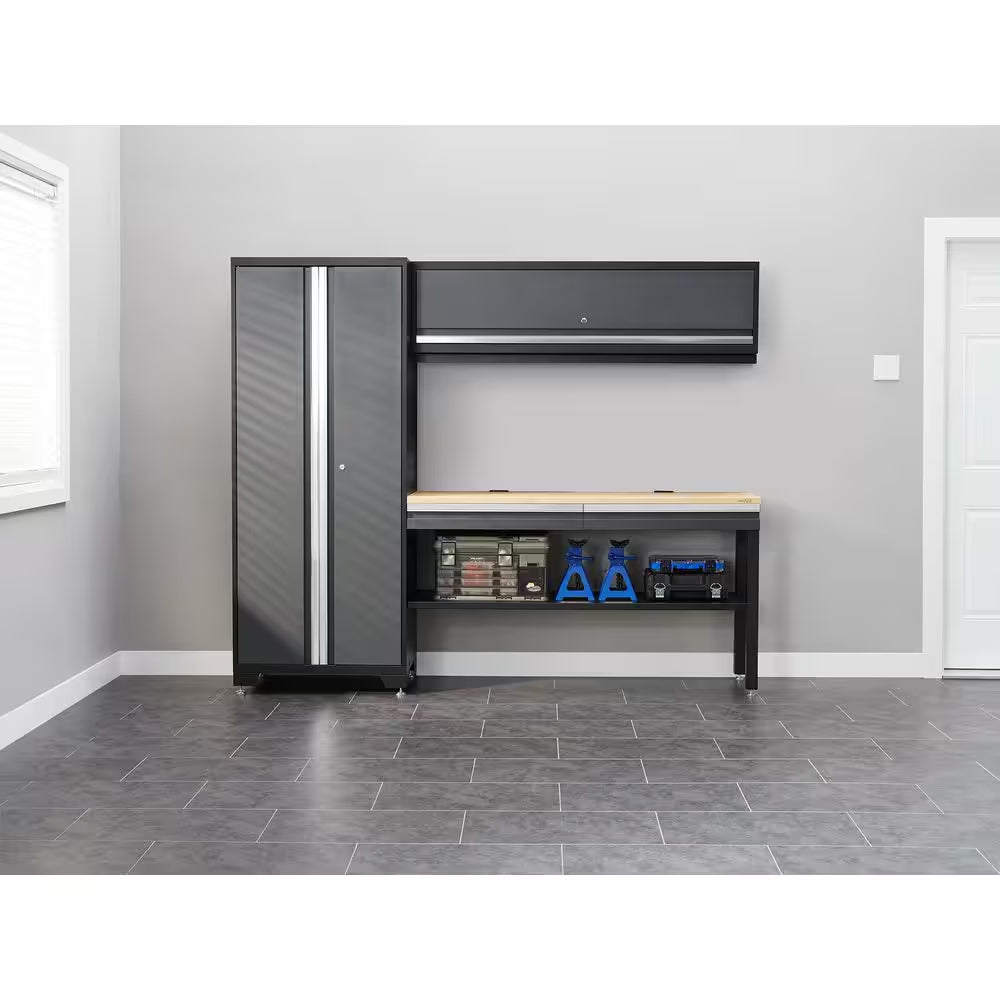 Bold Series 180In.Wx76.75In. Hx18In. D Pre Assembled 24-Gauge Steel 8-Piece Garage Storage System in Gray,Bamboo Worktop