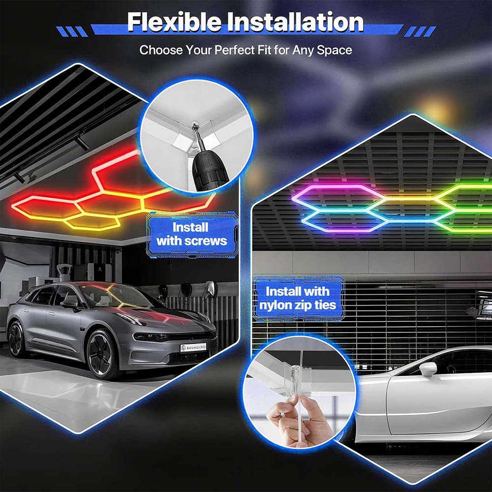RGB LED Hexagon Garage Lights Car Detailing Shop Light No Border for Garage Bar