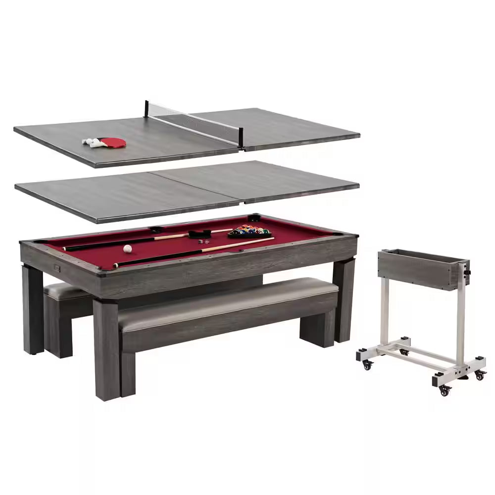 Prescott 7 Ft. Pool Table, 3-In-1 Dining Top and Table Tennis with Game Accessories and Rolling Storage Caddy