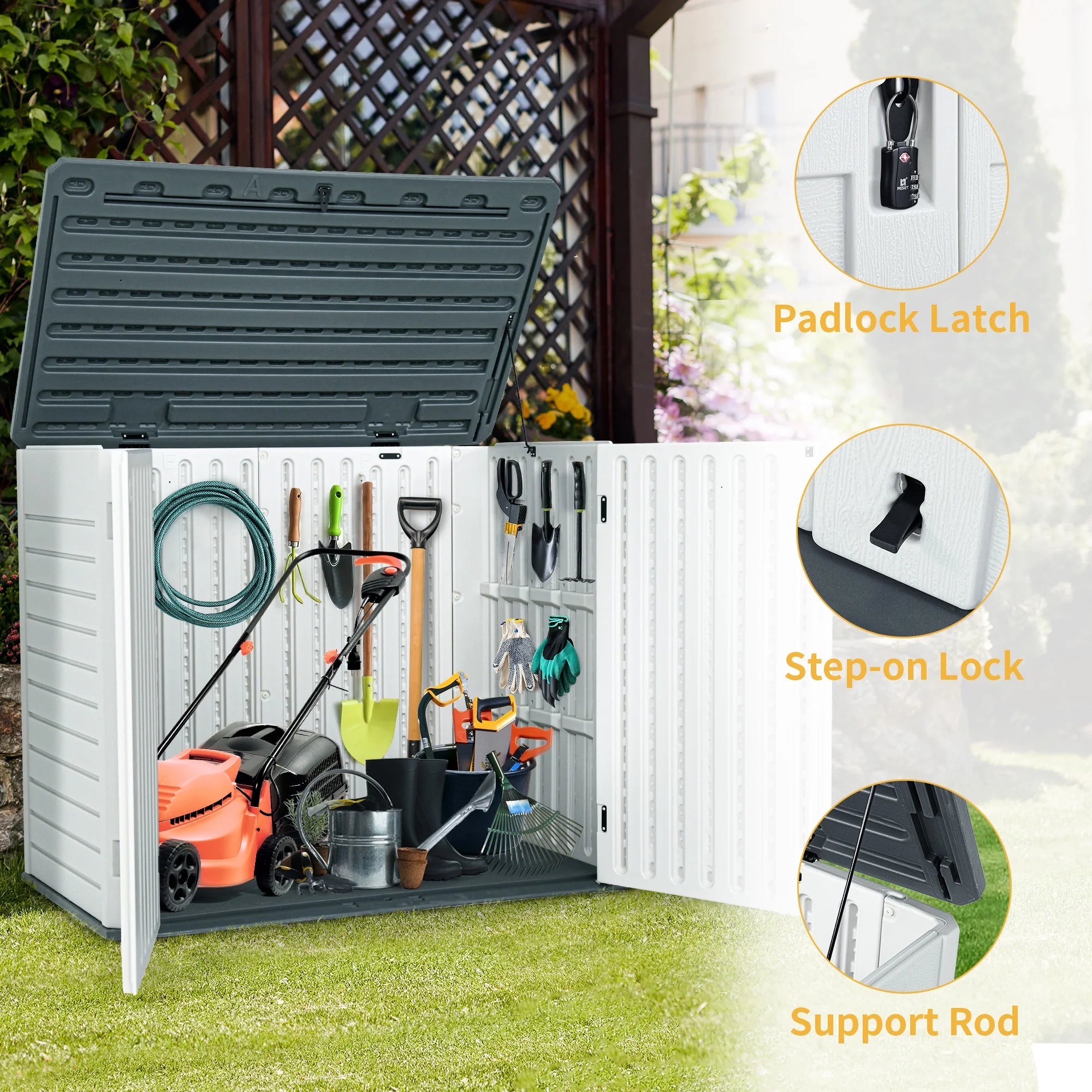 35 Cu Ft Outdoor Horizontal Storage Sheds, Weather Resistant Resin Tool Shed, Multi-Opening Door for Easy Storage of Bike, Trash Cans, Garden Tools, Lawn Mowers, Waterproof, Lockable
