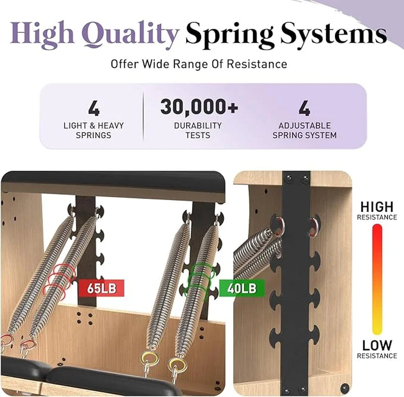 Pilates Reformer Machine, Wood Pilates Machine Bed Yoga Exercise Strength Training Equipment with Pilates Chair and Pilates Barrel for Home Workout