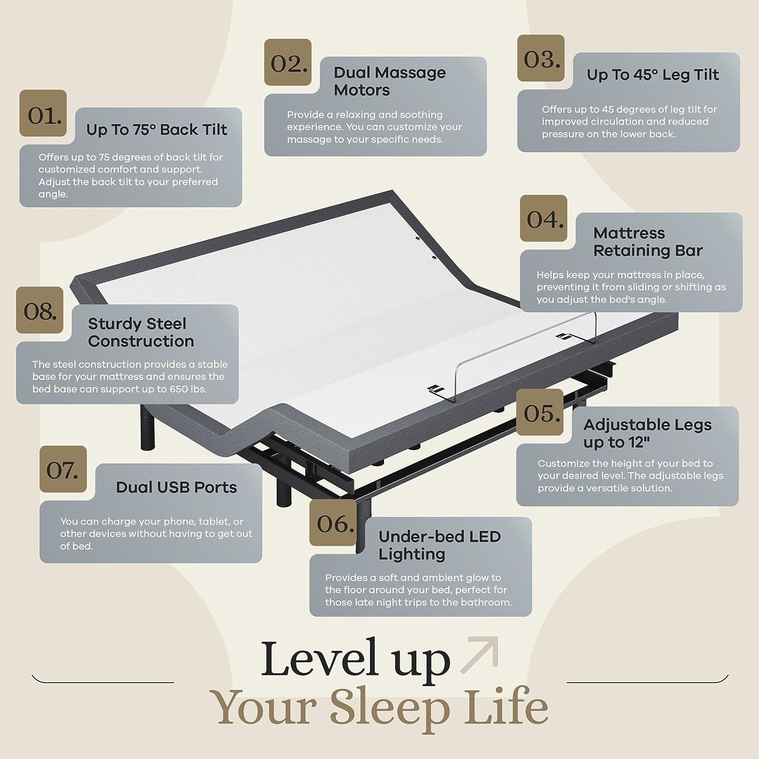 Classic Adjustable Bed Base, Head and Foot Lift, Massage, Under-Bed Lights, USB, Memory, Zero Gravity Smart Frame - King