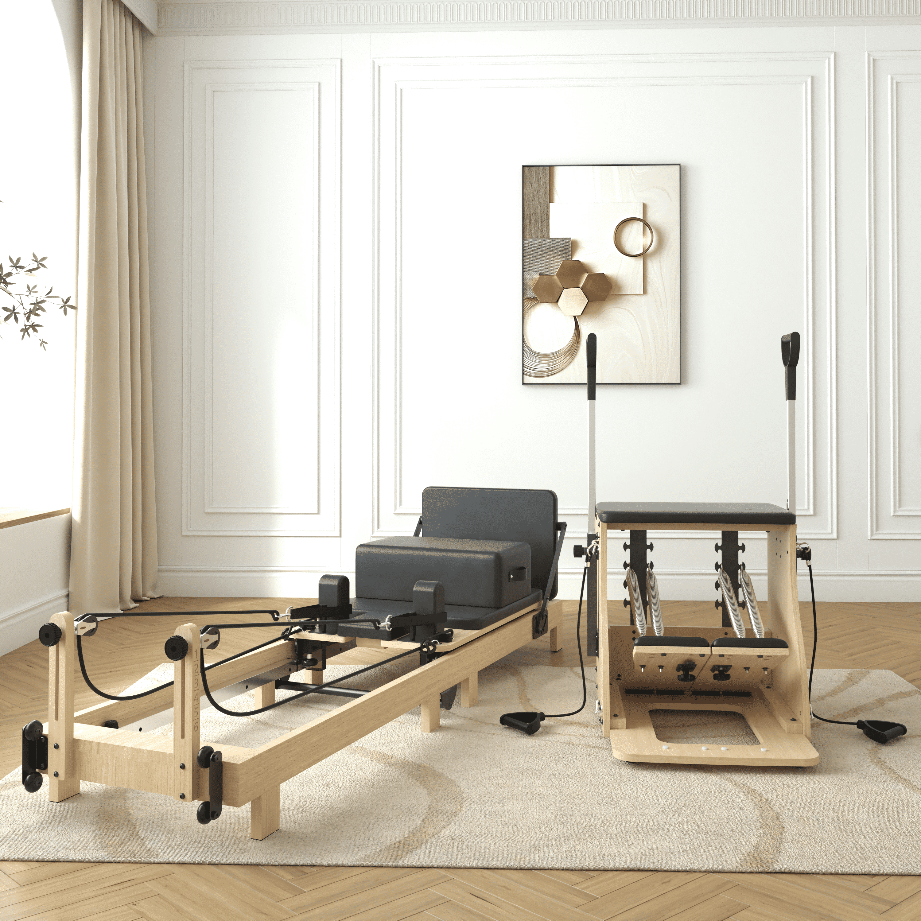 Pilates Reformer Machine, Wood Pilates Machine Bed Yoga Exercise Strength Training Equipment with Pilates Chair for Home Workout