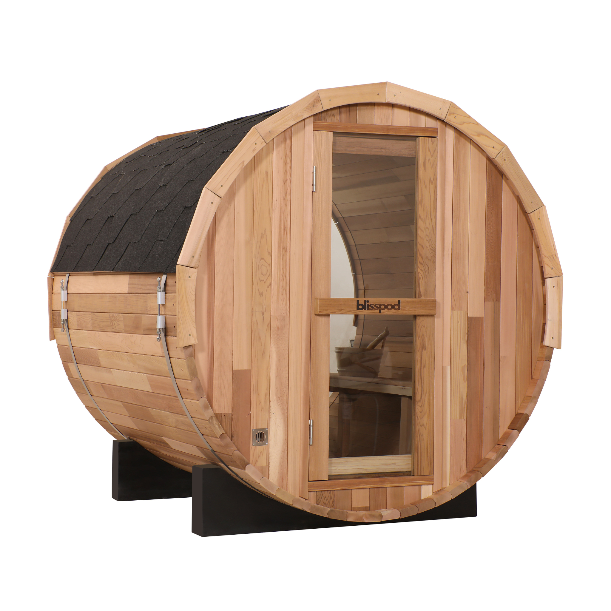 Blisspod Prague Series Barrel Sauna - 4 to 6 Person | Outdoor Canadian Red Cedar Steam Sauna with Full Glass Back