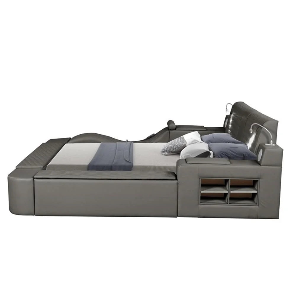 Smart Multifunctional Queen Size Bed Made with Wood in Gray