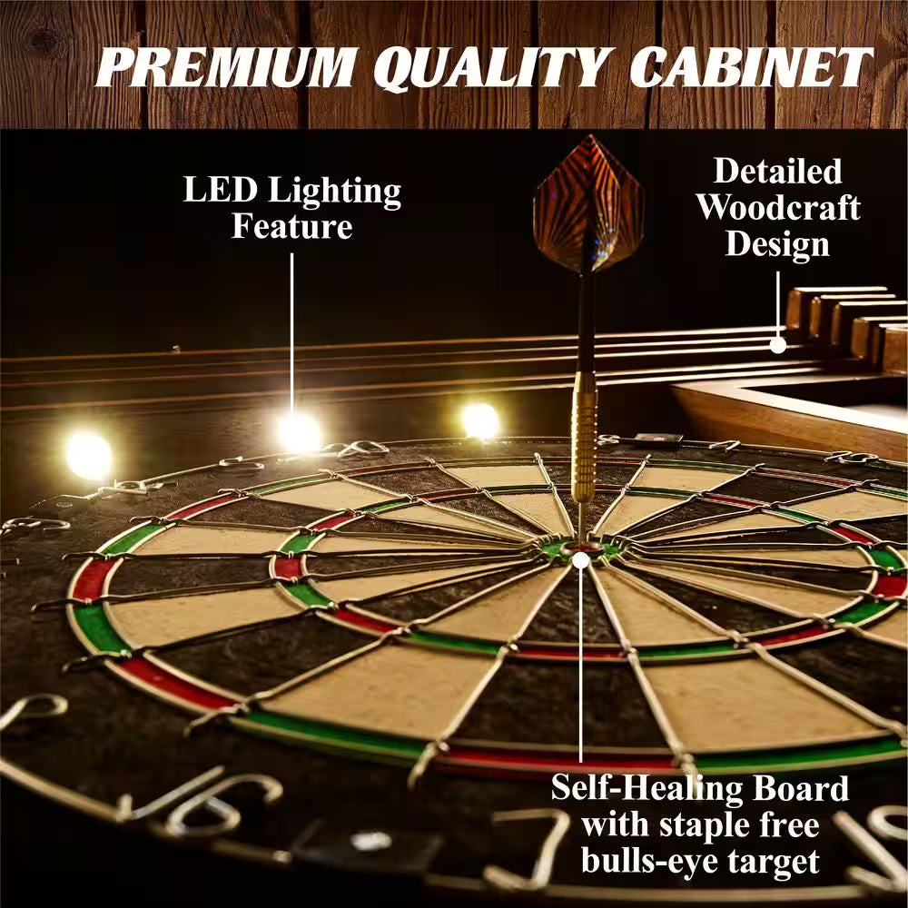 Woodhaven Premium Bristle Dartboard Cabinet Set with LED Lights