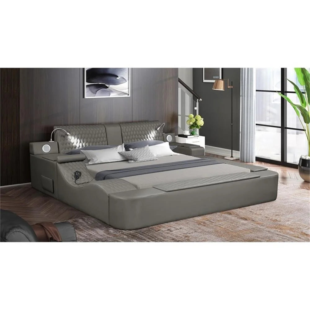 Smart Multifunctional Queen Size Bed Made with Wood in Gray