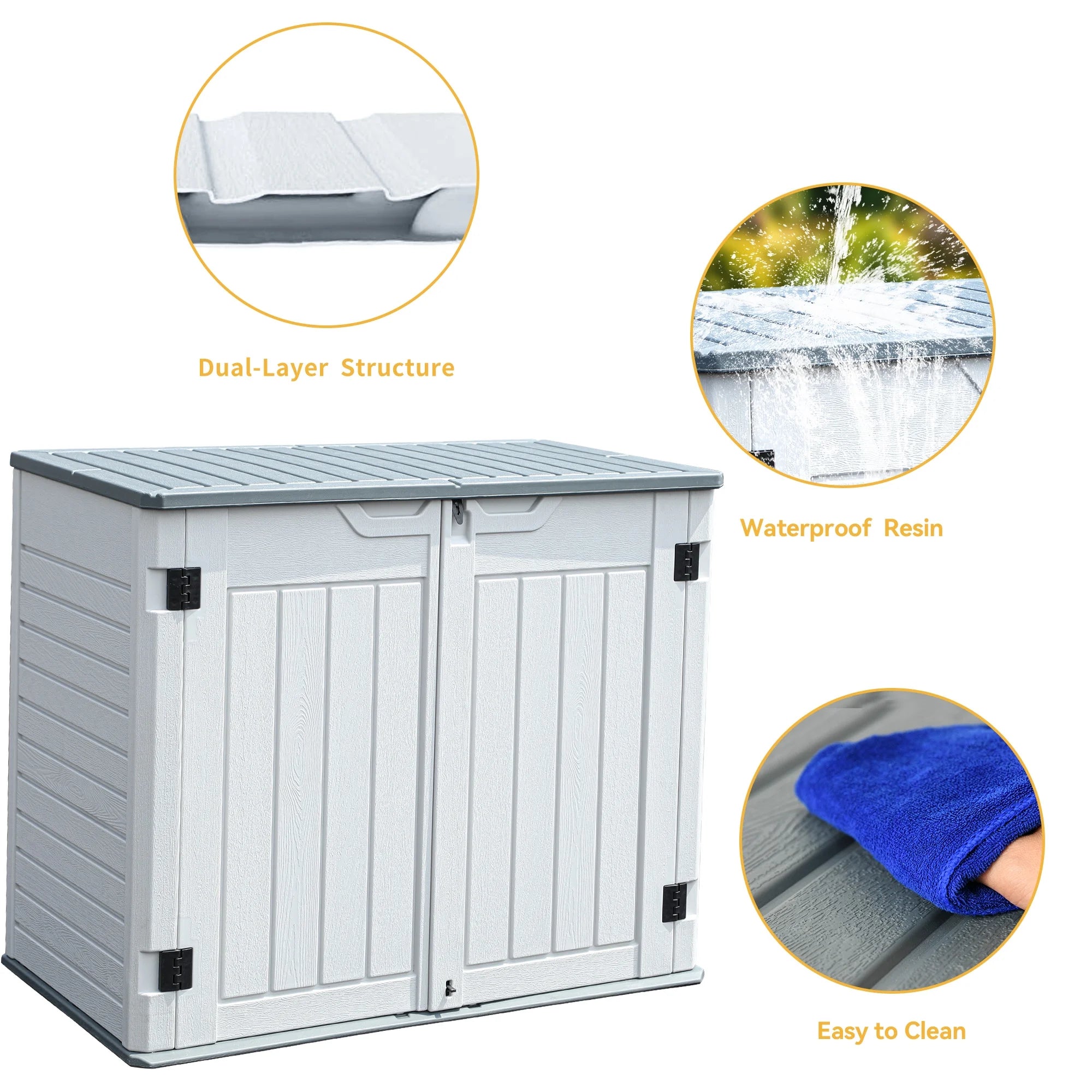 35 Cu Ft Outdoor Horizontal Storage Sheds, Weather Resistant Resin Tool Shed, Multi-Opening Door for Easy Storage of Bike, Trash Cans, Garden Tools, Lawn Mowers, Waterproof, Lockable