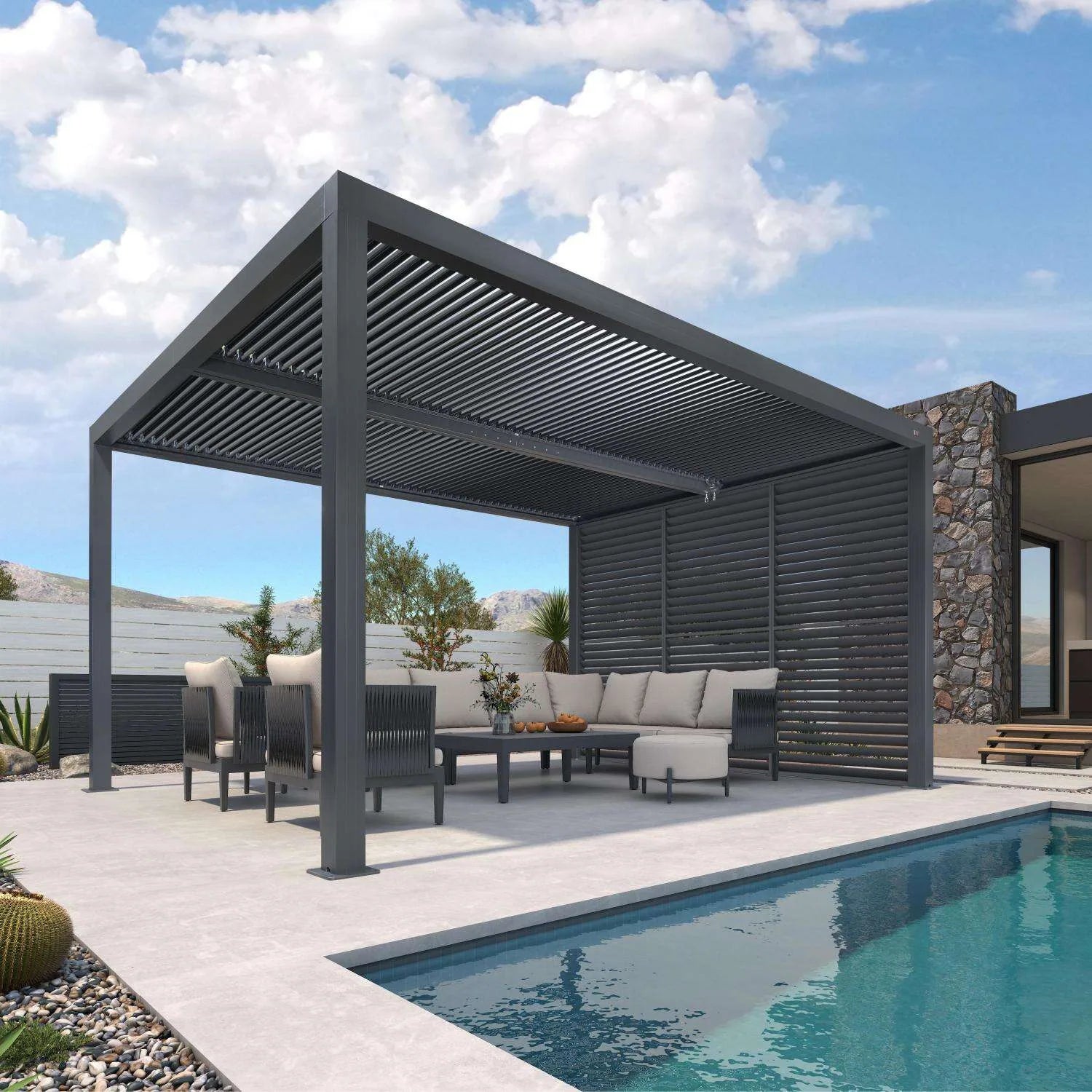 Gray Louvered Pergola Outdoor Aluminum Pergola with Adjustable Roof for Patio Gray Hardtop Gazebo