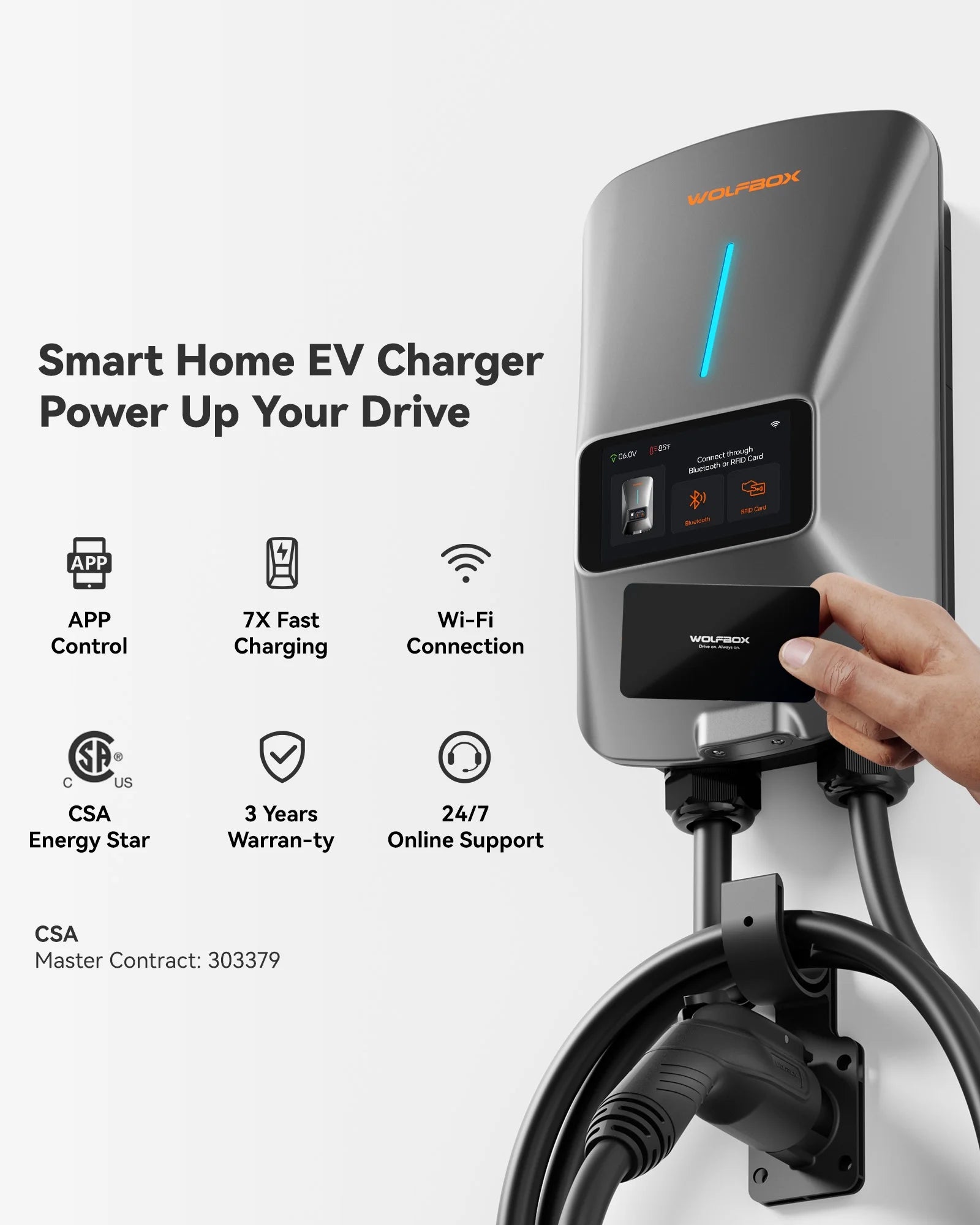 EV Charger, Level 2 EV Vehicle Charging Station, 240V 40 Amp with NEMA 14-50 Plug, Wifi Enabled Electric Car Charger, Smart Display, RFID Card, Grey