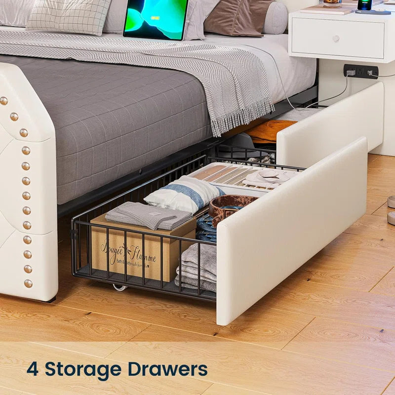 Karlton Bed with 4 Storage Drawers，Led Tall Platform Bed Frame