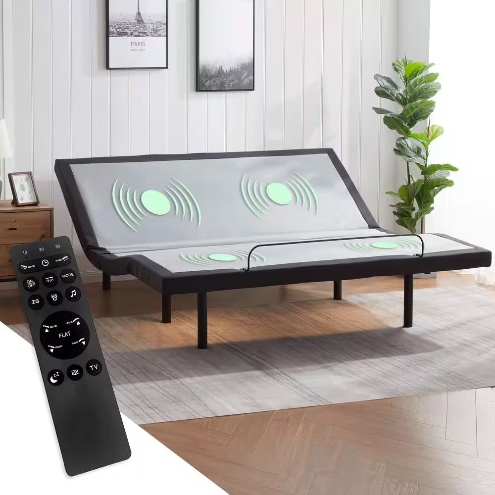 King Luxury Black Adjustable Bed Base with Wireless Remote, Head and Foot Massage, LED Lighting and Dual USB Ports