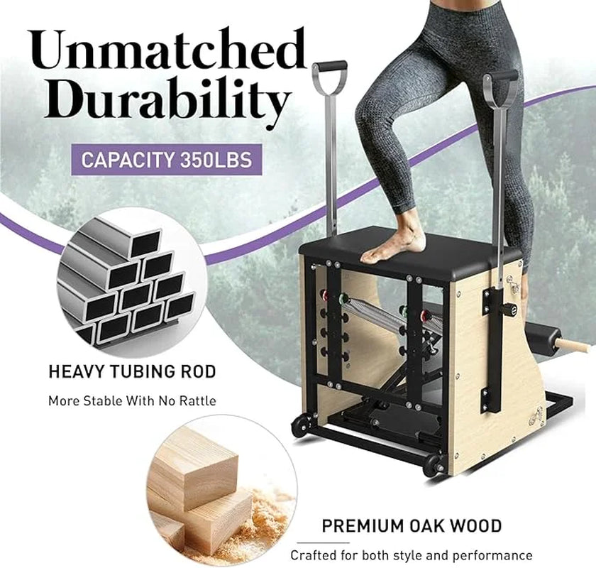 Pilates Reformer Machine, Wood Pilates Machine Bed Yoga Exercise Strength Training Equipment with Pilates Chair and Pilates Barrel for Home Workout