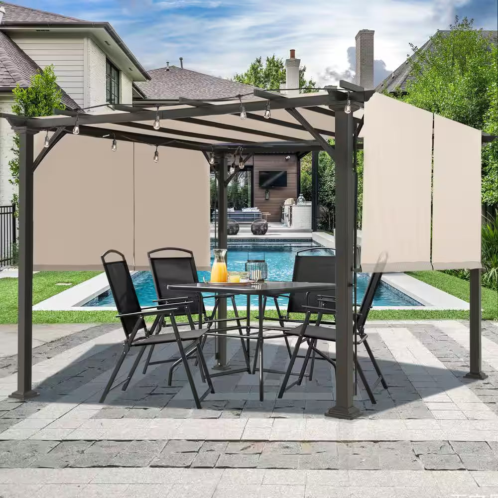 10 Ft. X 10 Ft. Steel Patio Pergola with Beige Shade Canopy