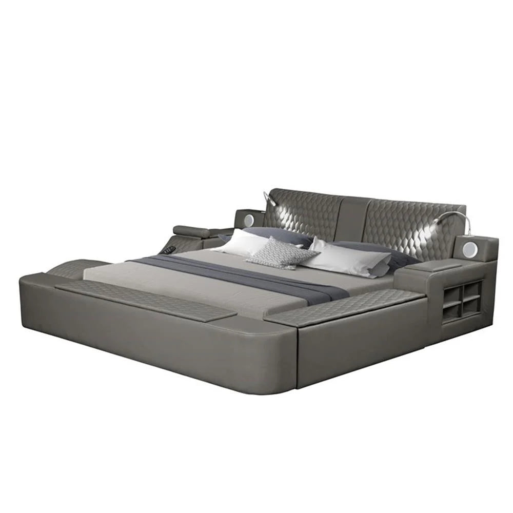 Smart Multifunctional Queen Size Bed Made with Wood in Gray