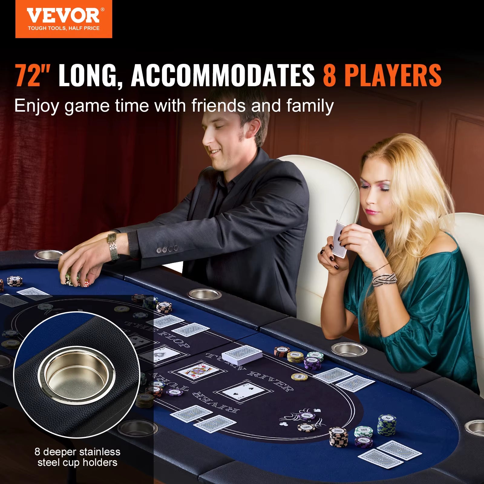 VEVOR 8 Player Foldable Poker Table Blackjack Texas Holdem with Padded Rails and Stainless Steel Cup Holders Blue