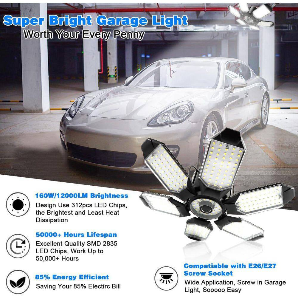 160W LED Ceiling Light 64000-Lumens 6500K Super Bright Deformable Panels for Garage Basement Workshop 4-Pack