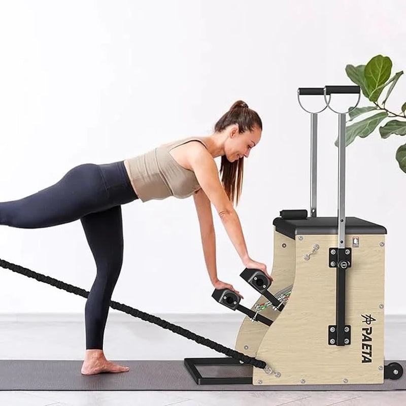 Pilates Reformer Machine, Wood Pilates Machine Bed Yoga Exercise Strength Training Equipment with Pilates Chair and Pilates Barrel for Home Workout