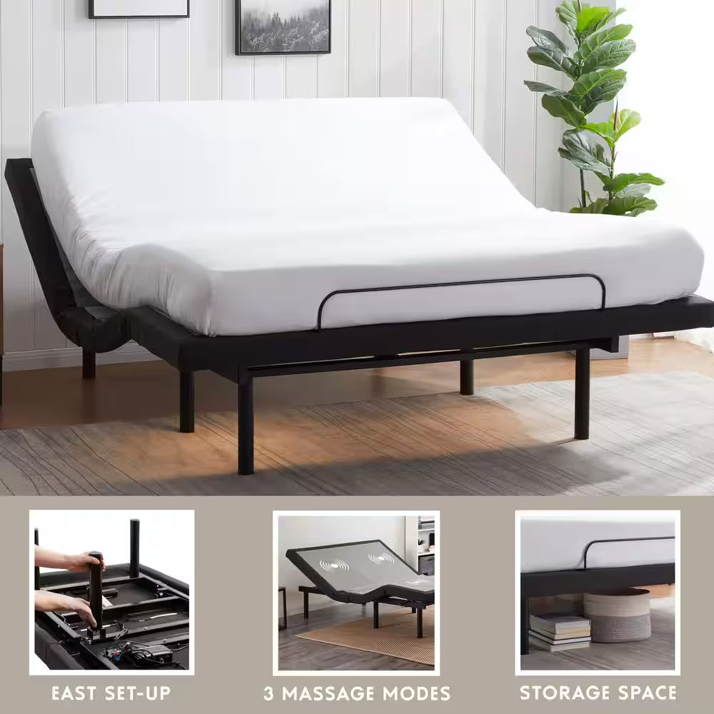 King Luxury Black Adjustable Bed Base with Wireless Remote, Head and Foot Massage, LED Lighting and Dual USB Ports