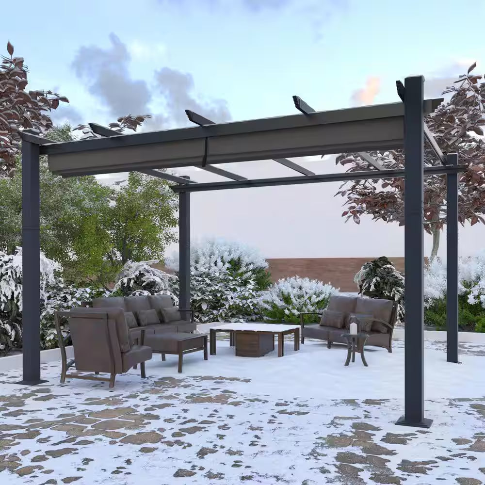 16 Ft. W X 12 Ft. D Aluminum Pergola Outdoor with Dark Gray Retractable Canopy
