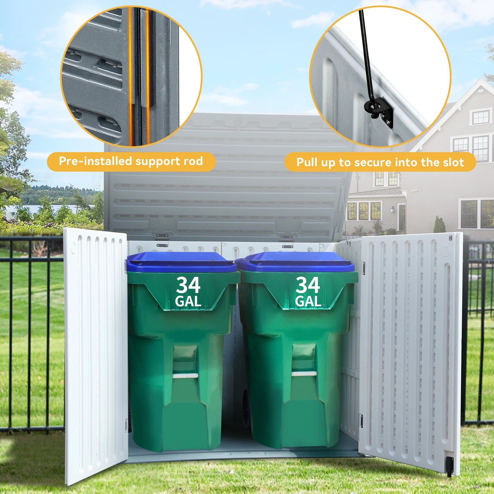 35 Cu Ft Outdoor Horizontal Storage Sheds, Weather Resistant Resin Tool Shed, Multi-Opening Door for Easy Storage of Bike, Trash Cans, Garden Tools, Lawn Mowers, Waterproof, Lockable