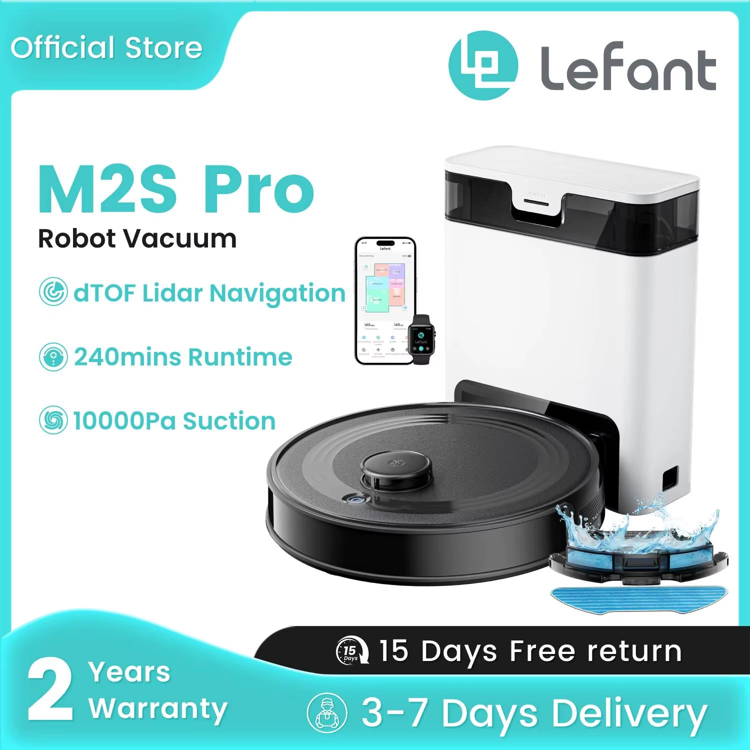 Robot Vacuum Cleaner with Automatic Emptying M2S Pro,10000Pa, 240 Minutes, Laser Navigation DTOF, Ideal for Pet Hair
