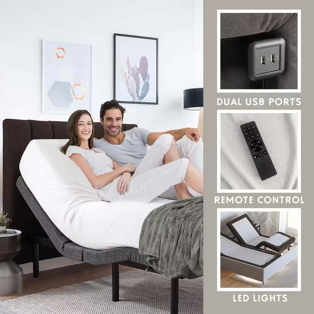 King Luxury Black Adjustable Bed Base with Wireless Remote, Head and Foot Massage, LED Lighting and Dual USB Ports