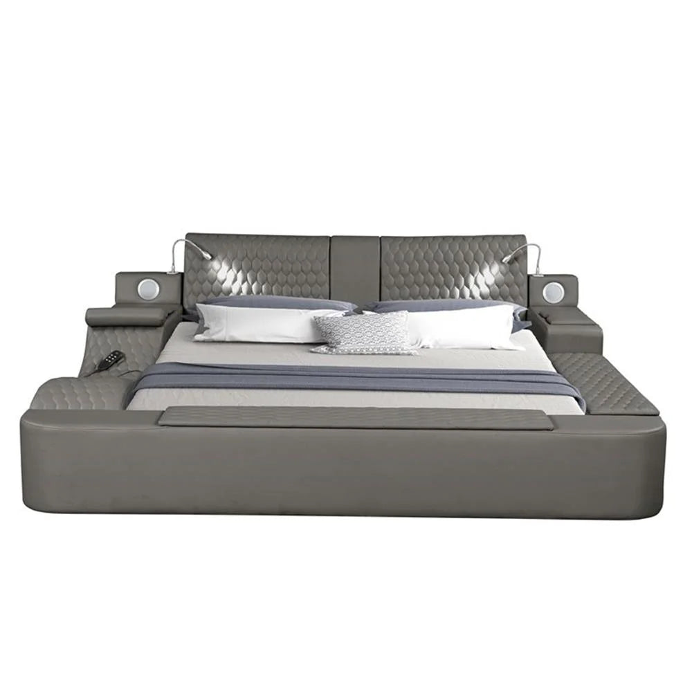 Smart Multifunctional Queen Size Bed Made with Wood in Gray