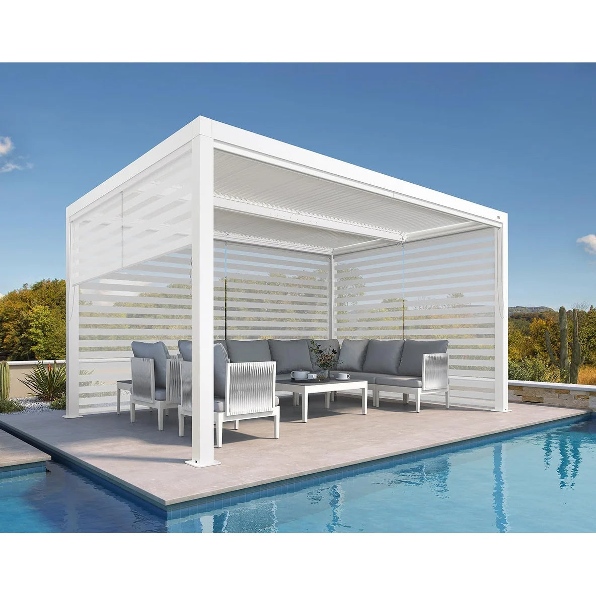 Louvered Pergola Modern White Pergola with Adjustable Roof for Deck Backyard Garden